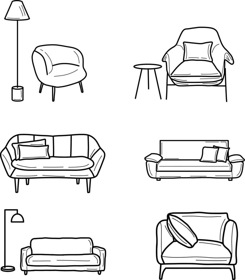 met de hand getekend tekening van sofa in de huiskamer vector