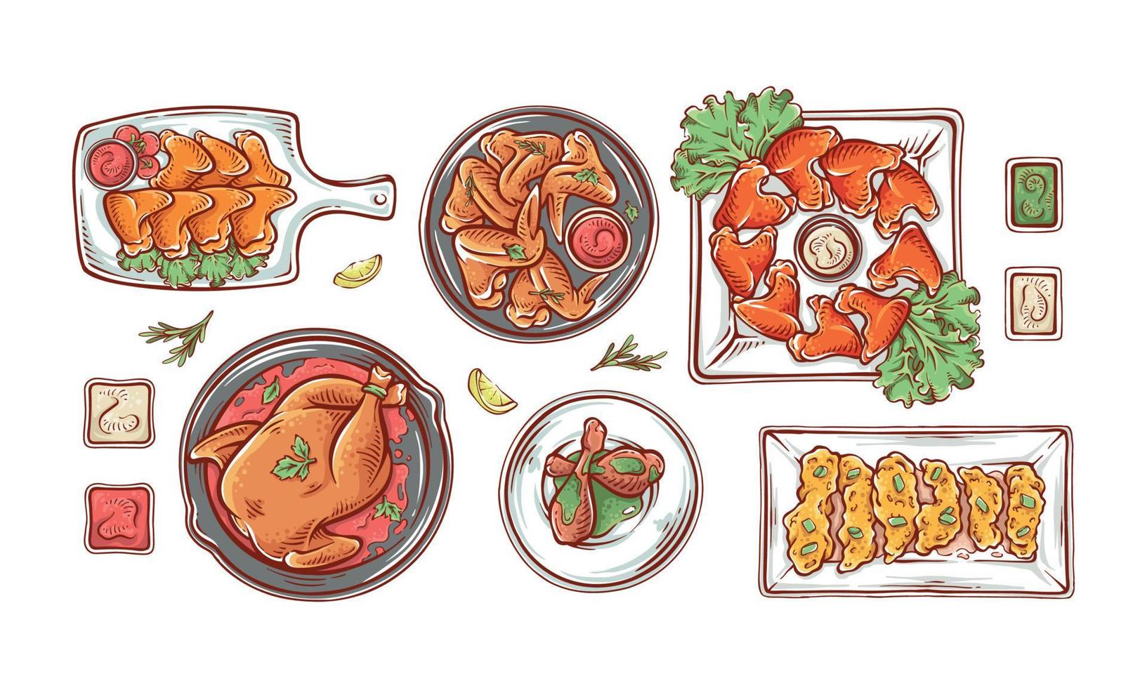 kip schotel hand- getrokken illustratie kleurrijk. kip vlees reeks top visie kader. kip voedsel met citroen plakjes en kruiden tekening ontwerp vector vol kleur