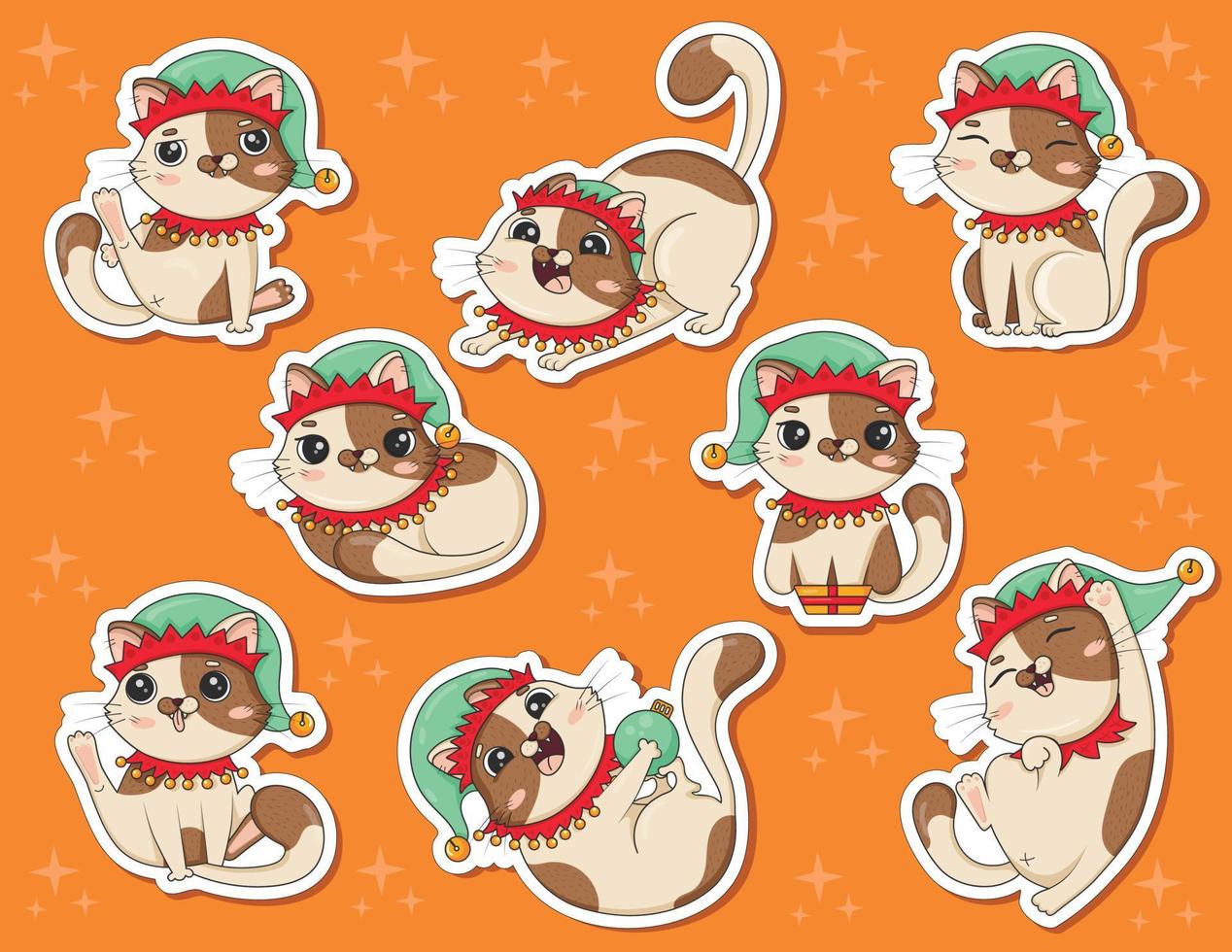 bundel van stickers van schattig tekenfilm kat in Kerstmis elf kostuum in verschillend poses is gespeeld geïsoleerd Aan wit achtergrond vector