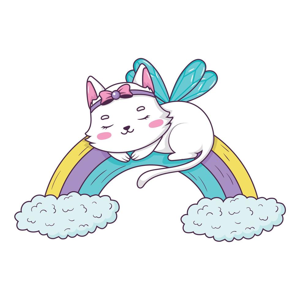 schattig tekenfilm kat fee slapen Aan regenboog gekruld omhoog in tekening stijl geïsoleerd Aan wit achtergrond vector