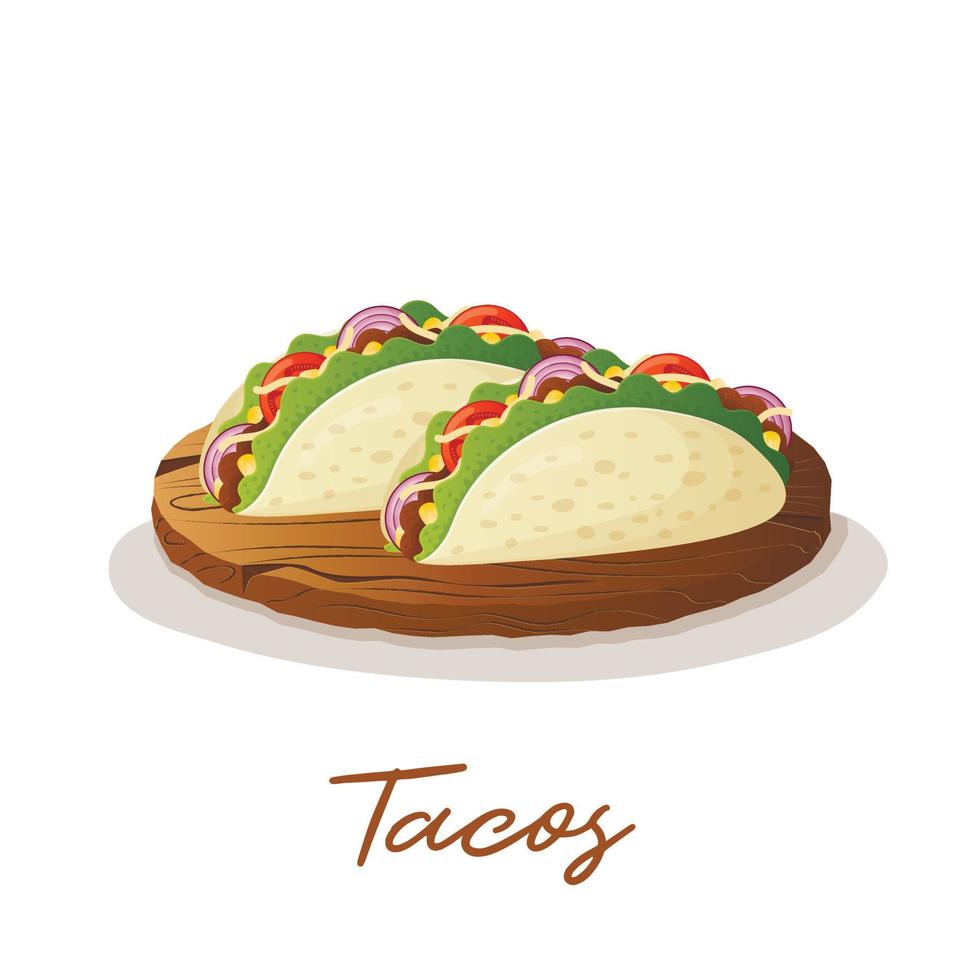 Mexicaans taco belegd broodje Aan houten dienblad geïsoleerd vector. snel voedsel restaurant en straat voedsel hapjes, taco flatbread met vlees met tomaat, ui, maïs, meenemen voedsel levering vector