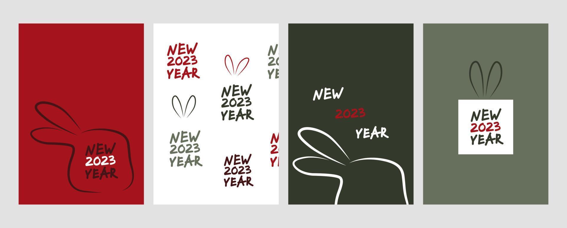 2023 nieuw jaar posters set. vier verticaal posters met schets konijn hoofd silhouet. straat kunst, belettering, graffiti, sjabloon, banier, kaart. hand- getrokken tekening modern vector illustratie.
