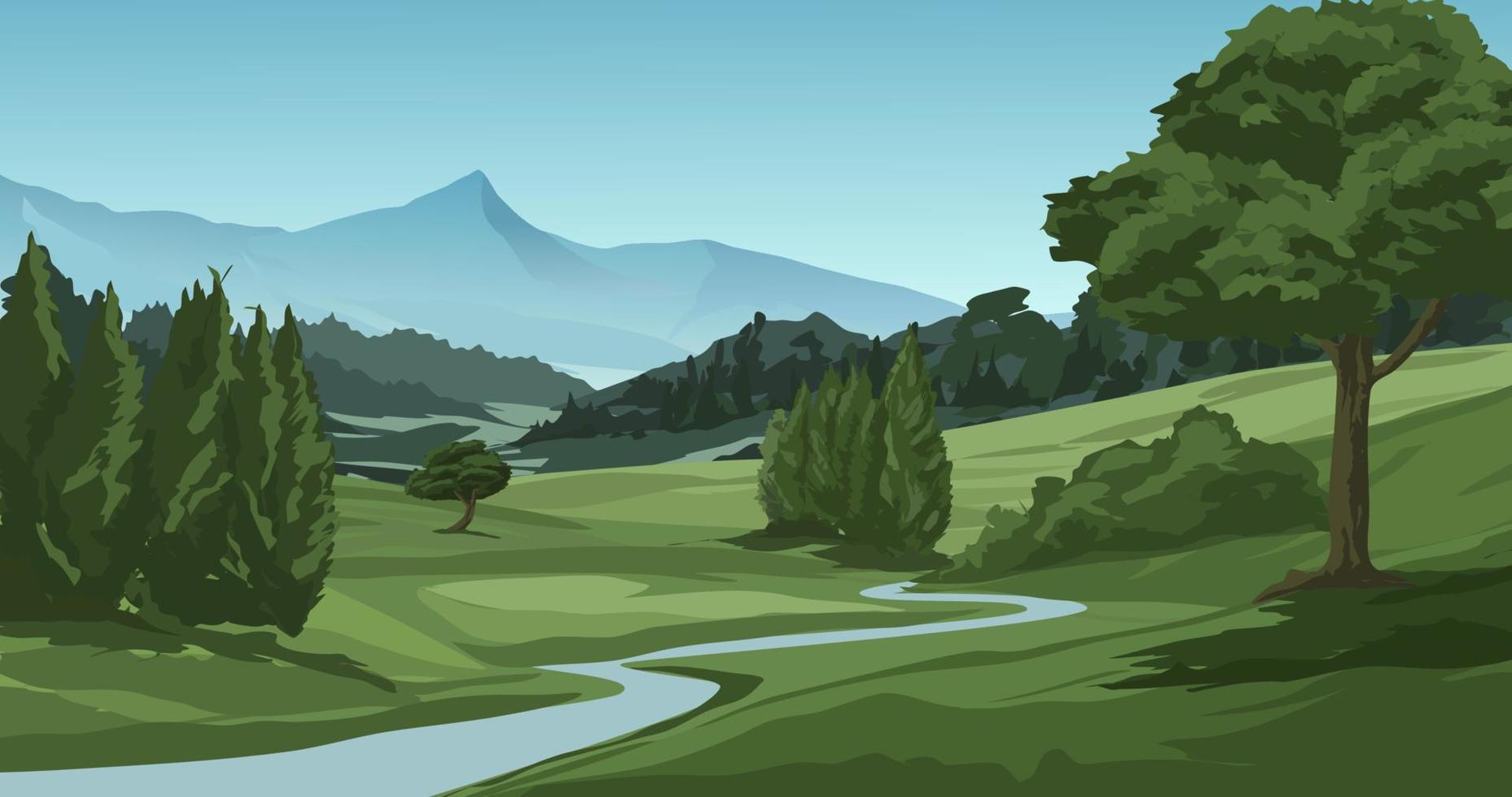 landelijk platteland landschap met berg, rivier- en weide. vector natuur illustratie