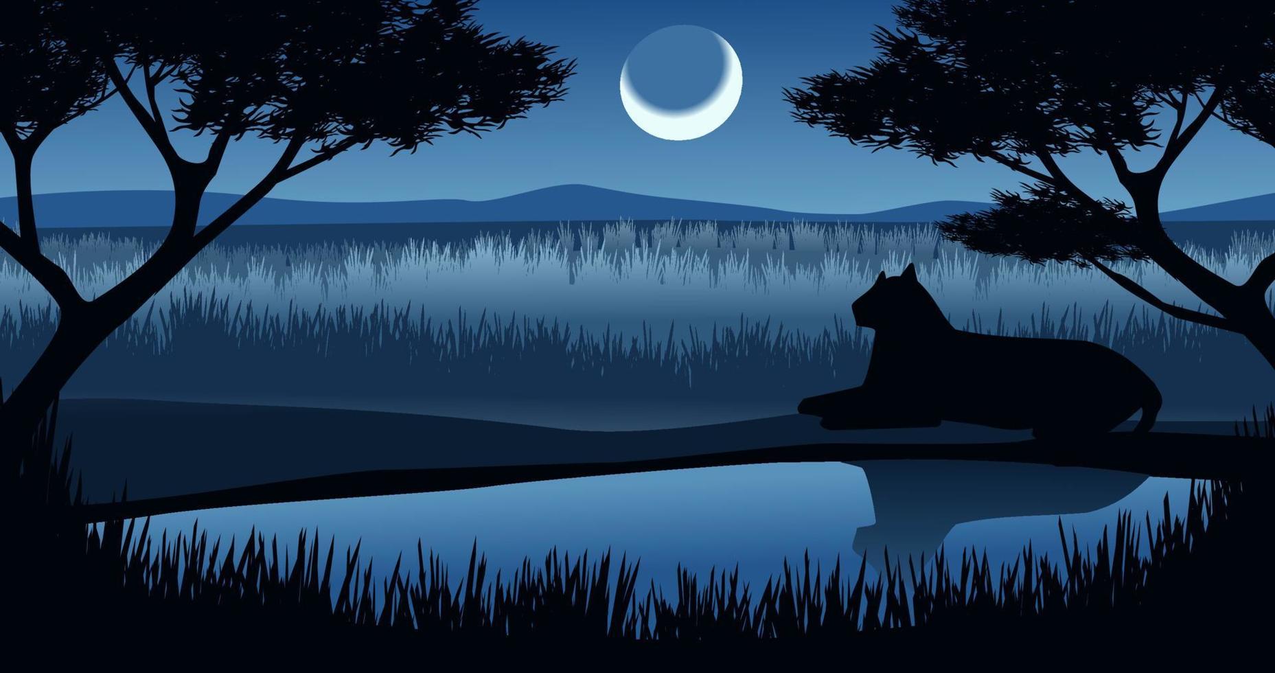 nacht in savanah met halve maan maan en een luipaard resting Bij de vijver. vector natuur dieren in het wild illustratie