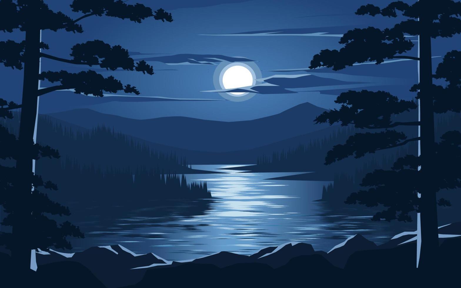 mooi rustgevend nacht tafereel landschap met rivier- en maanlicht. vector natuur landschap