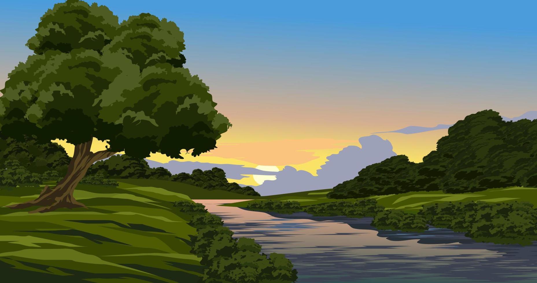 zonsondergang landschap in landelijk platteland met rivier. vector landschap illustratie