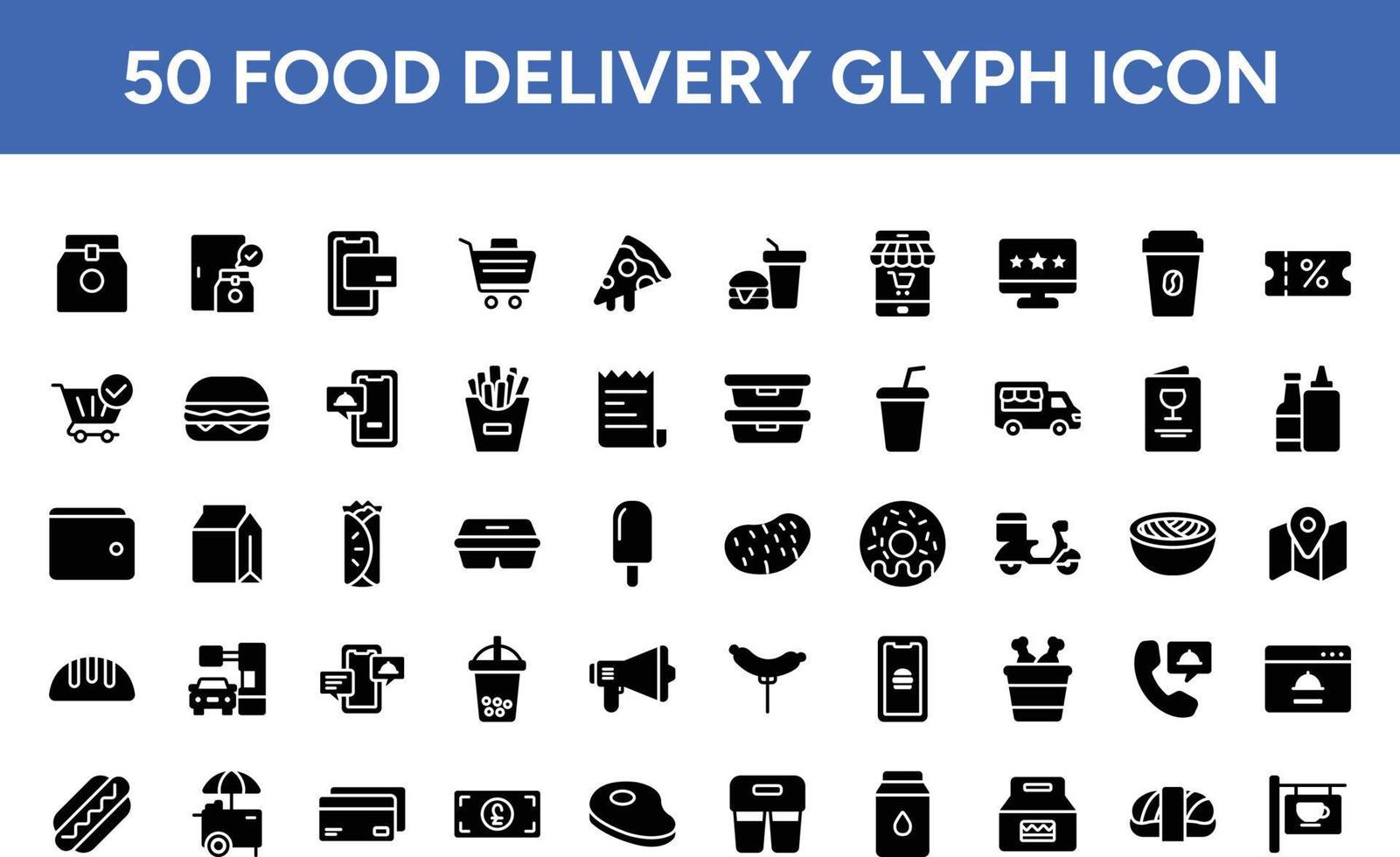 voedsel levering glyph icoon set. 50 verzameling van avontuur pictogrammen met voedsel, levering, doos, geïsoleerd, lunch, kleinhandel, winkel. vector