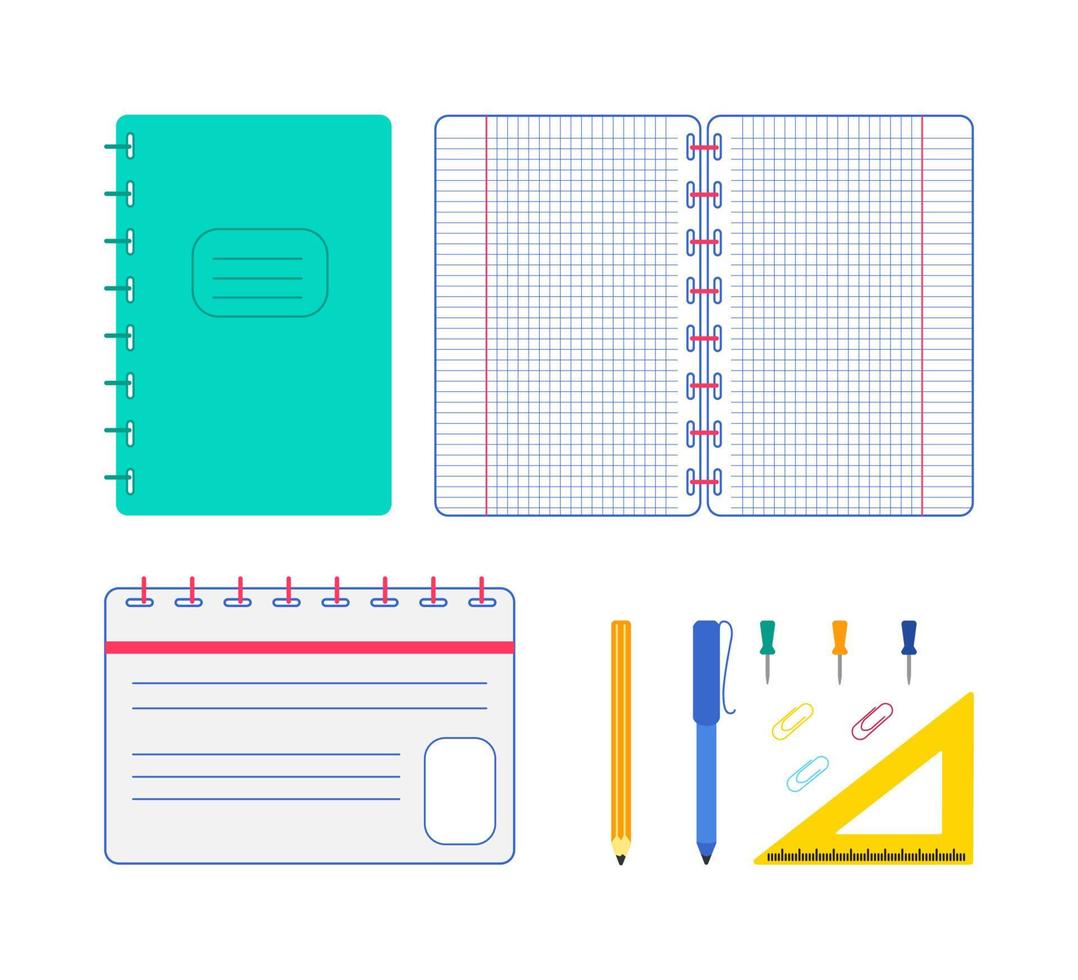 reeks van notebooks en briefpapier, vector illustratie voor ontwerp onderwijs dag, studie of kantoor werk