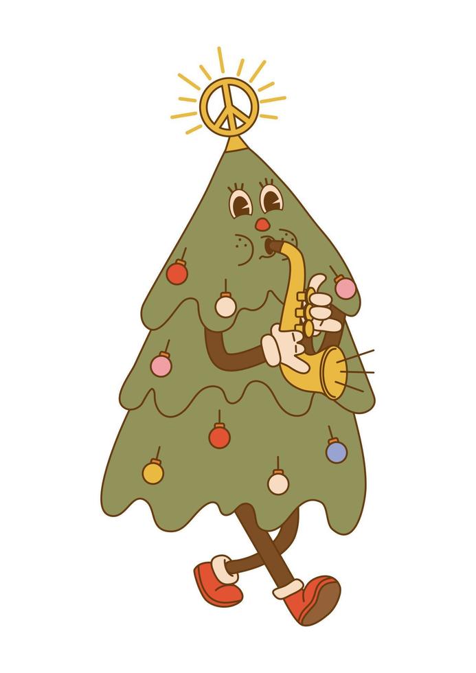 grappig karakter van een groovy Kerstmis boom spelen een musical instrument in modieus tekenfilm stijl Aan geïsoleerd achtergrond. voor kaart, poster, afdrukken. vector