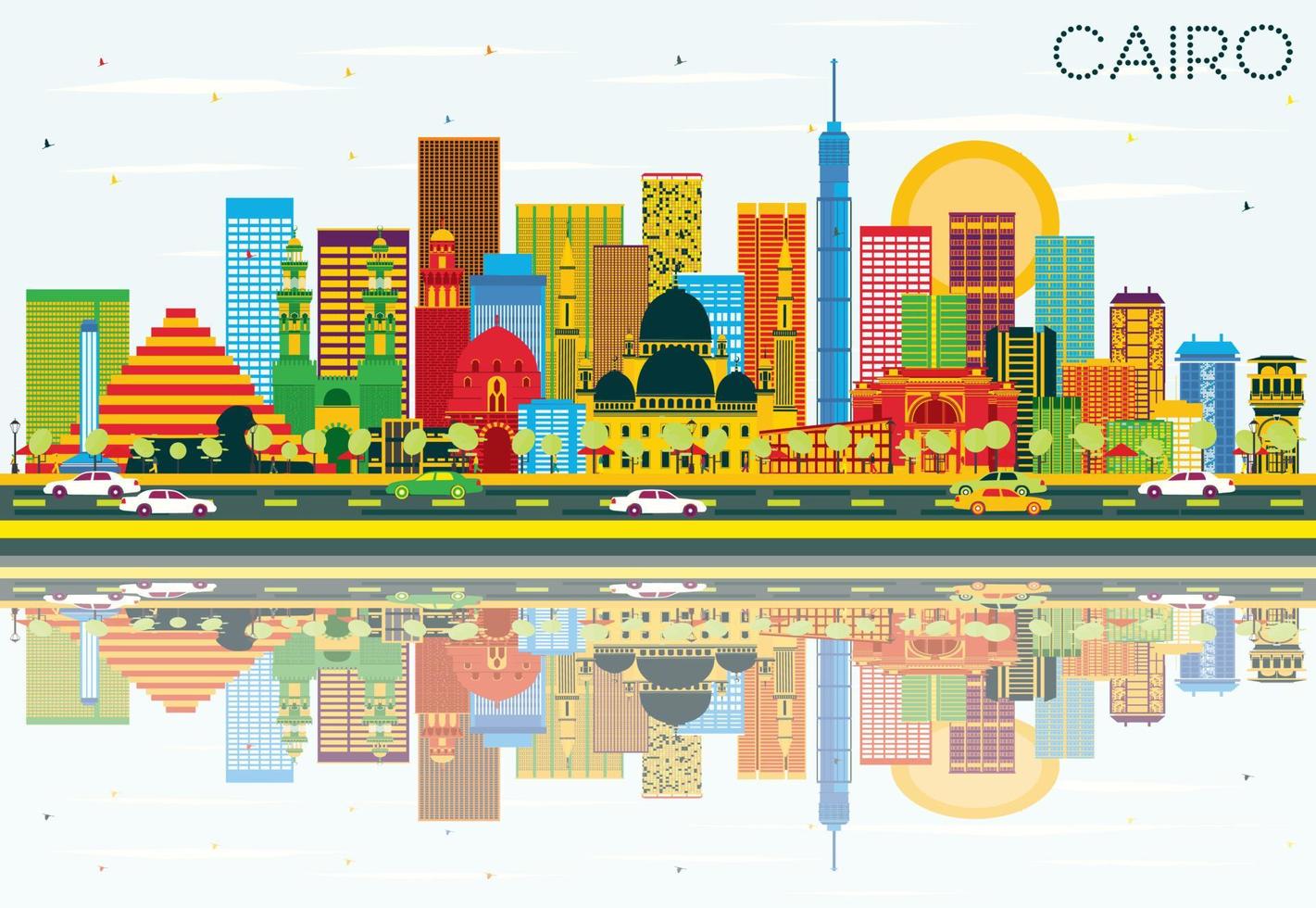 Cairo horizon met kleur gebouwen, blauw lucht en reflecties. vector