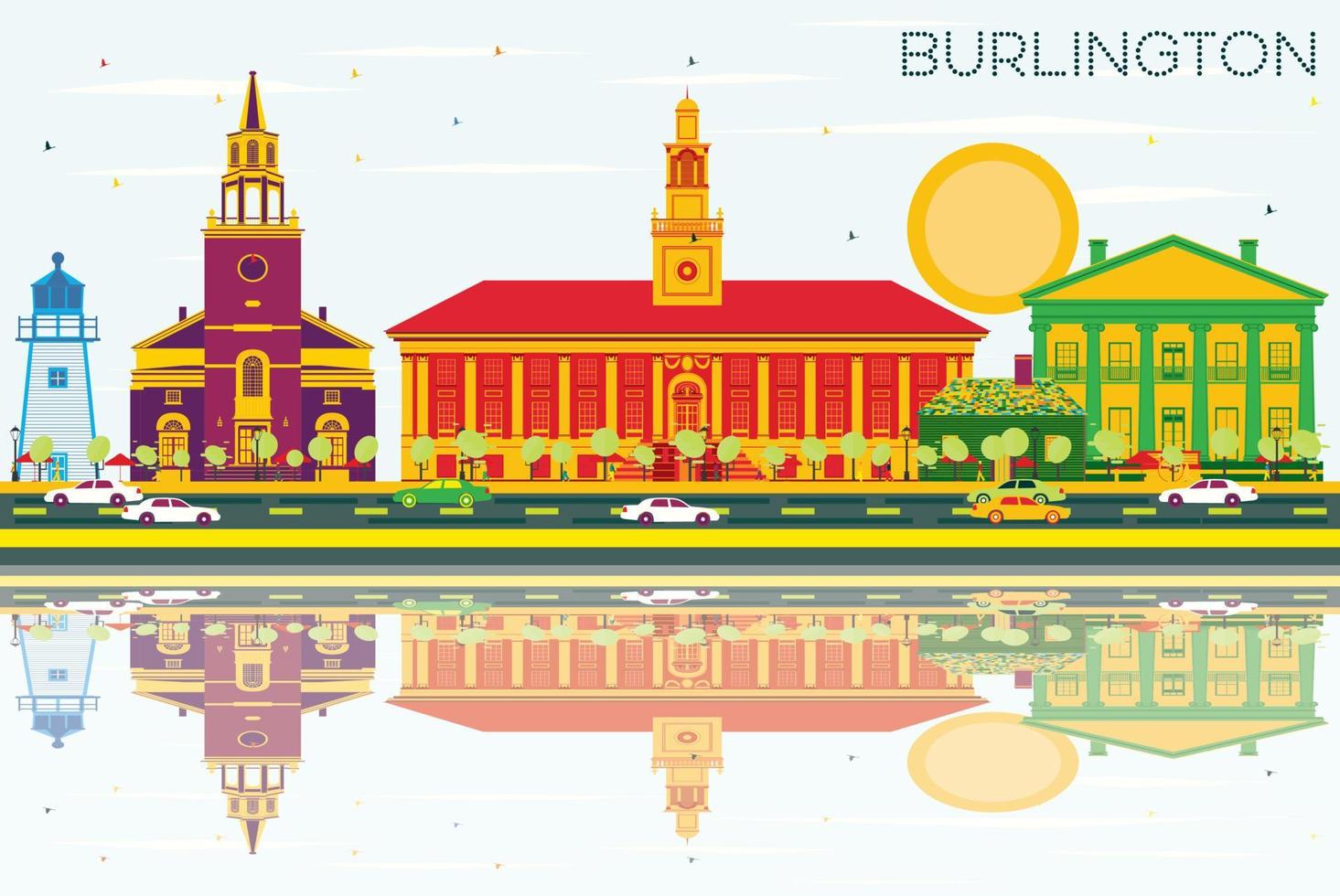 Burlington horizon met kleur gebouwen, blauw lucht en reflecties. vector