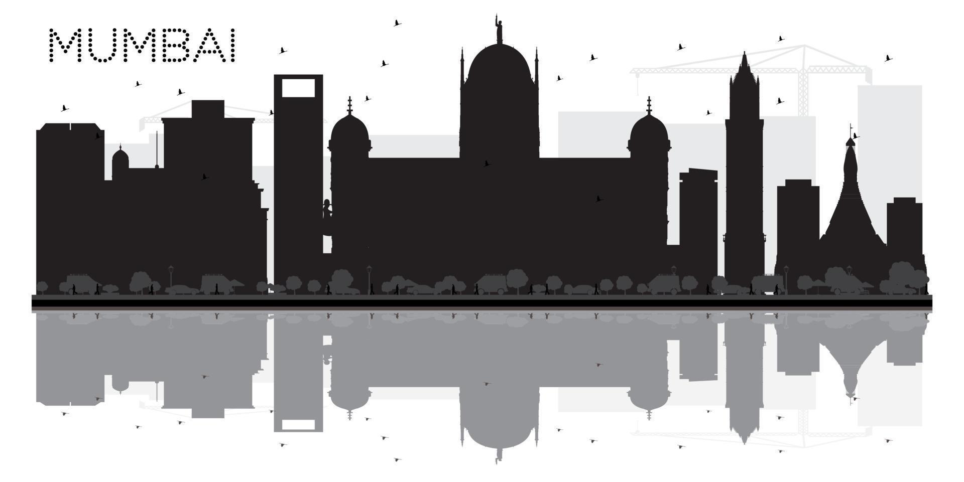 Mumbai stad horizon zwart en wit silhouet met reflectie. vector