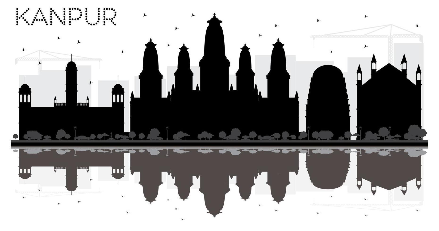 kanpur Indië stad horizon zwart en wit silhouet met reflecties. vector