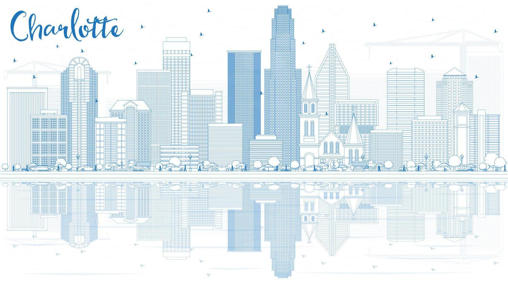 schets Charlotte horizon met blauw gebouwen en reflecties. vector