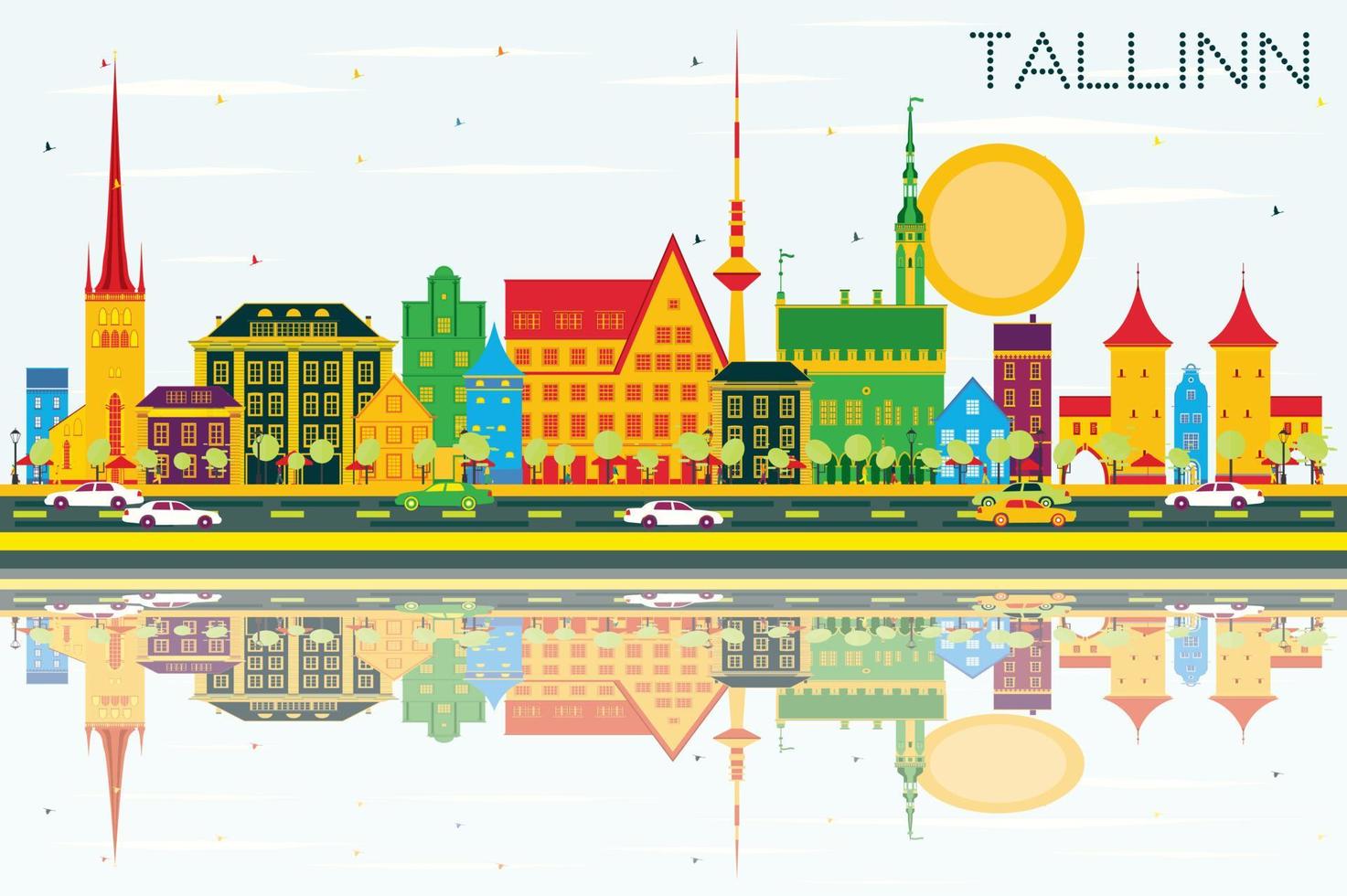 Tallinn horizon met kleur gebouwen, blauw lucht en reflecties. vector