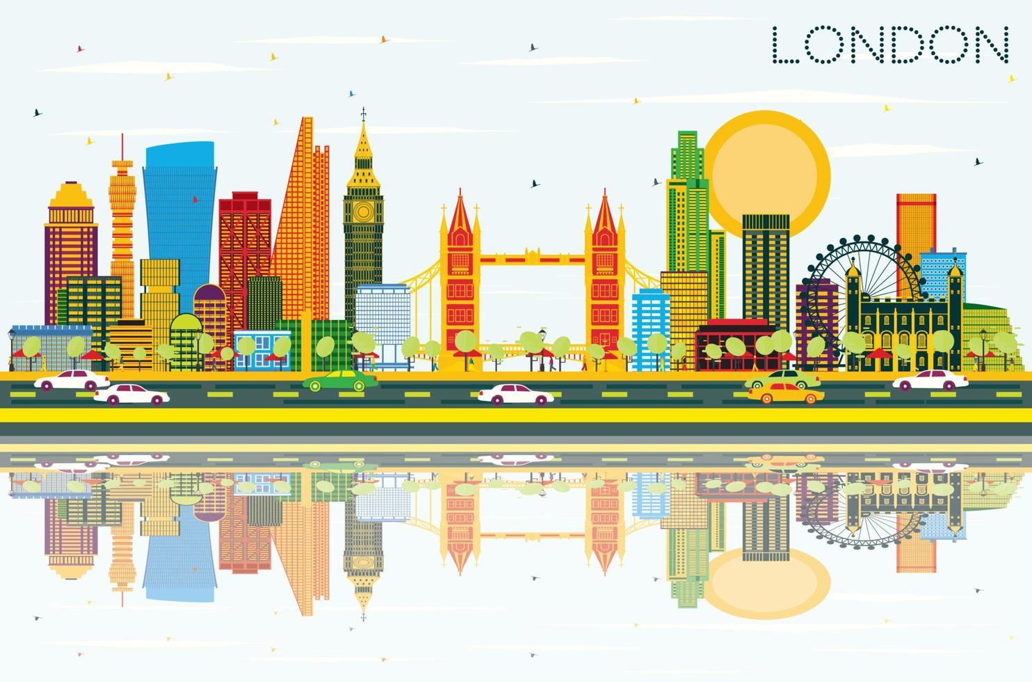 Londen horizon met kleur gebouwen, blauw lucht en reflecties. vector