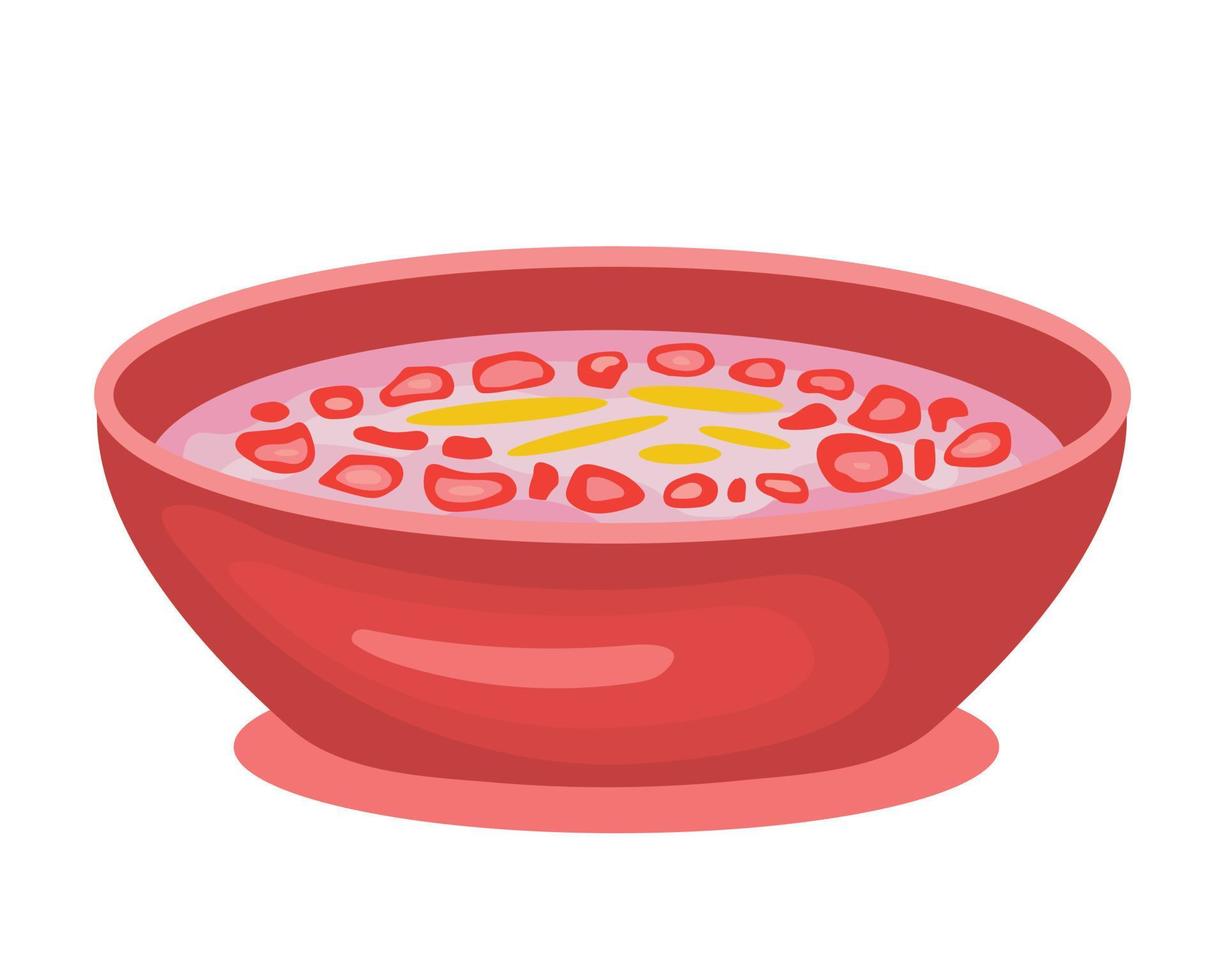 thaptim krop of rood robijn toetje - traditioneel Thais zoet voedsel. granaatappel zaden van water kastanjes, rood grenadine siroop, mango. vector illustratie geïsoleerd Aan wit achtergrond.