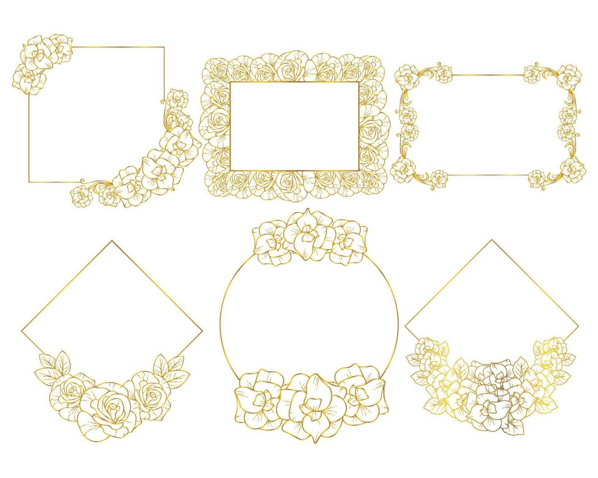 bloem krans element met gouden bloemen kader verzameling en hand- getrokken lijn kunst illustratie vector