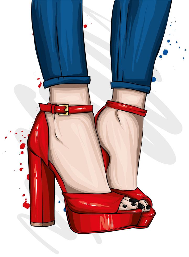 vrouwenbenen in jeans en rode schoenen met hoge hakken vector