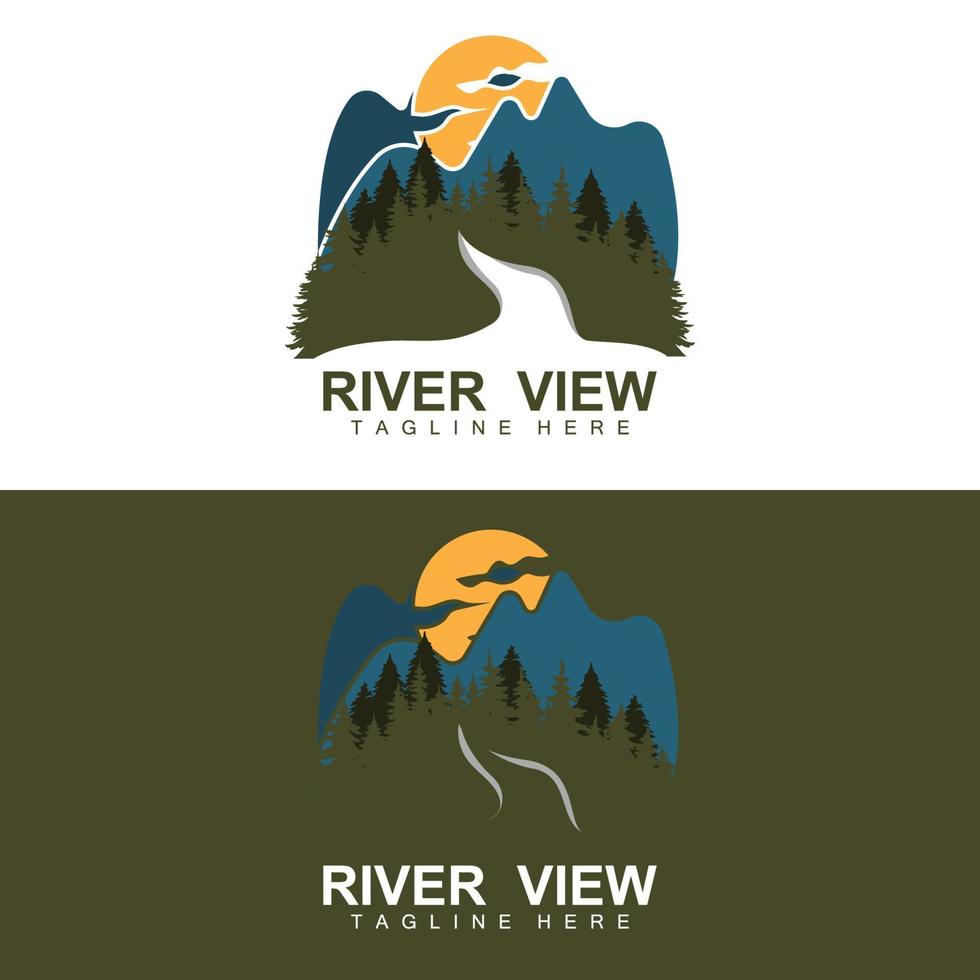 rivier- logo ontwerp, rivier- kreek vector, rivieroever illustratie met een combinatie van bergen en natuur, Product merk vector