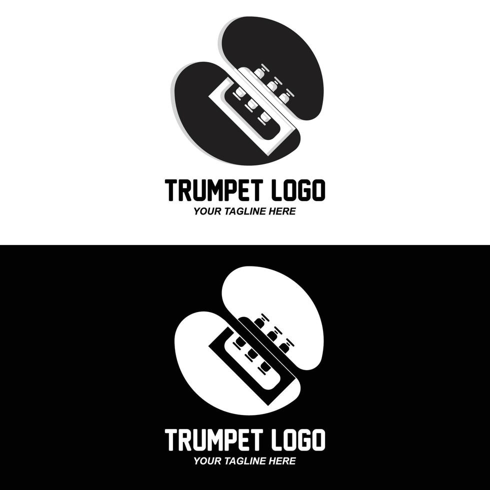 trompet logo ontwerp, melodie genereren, muziekinstrument vector schets illustratie