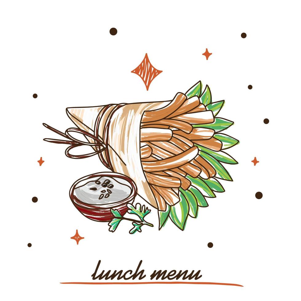 Frans Patat met spinazie bladeren en heerlijk saus, lunch menu vector