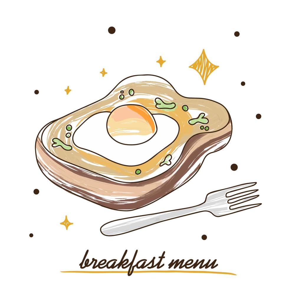 ei met brood, heerlijk geroosterd brood, ontbijt menu, kleurrijk tekening vector