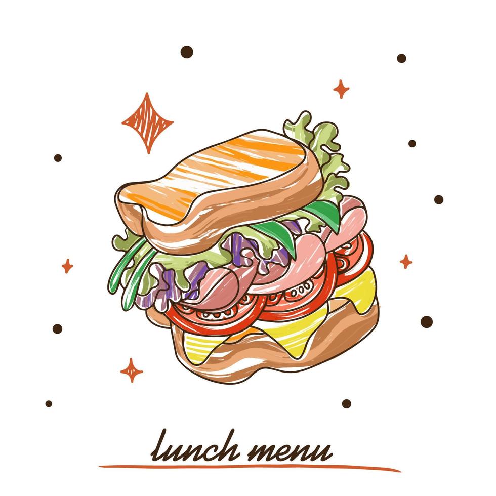 belegd broodje met sla, ham en tomaat, lunch menu vector