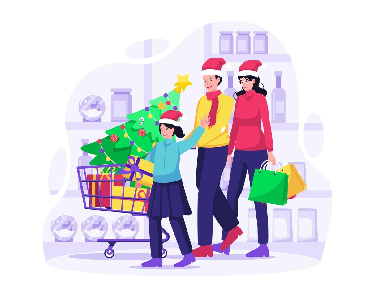 Kerstmis familie boodschappen doen concept. vader, moeder, en dochter boodschappen doen Bij de supermarkt inkoop goederen en cadeaus naar vieren Kerstmis vakantie feest. vector illustratie in vlak stijl