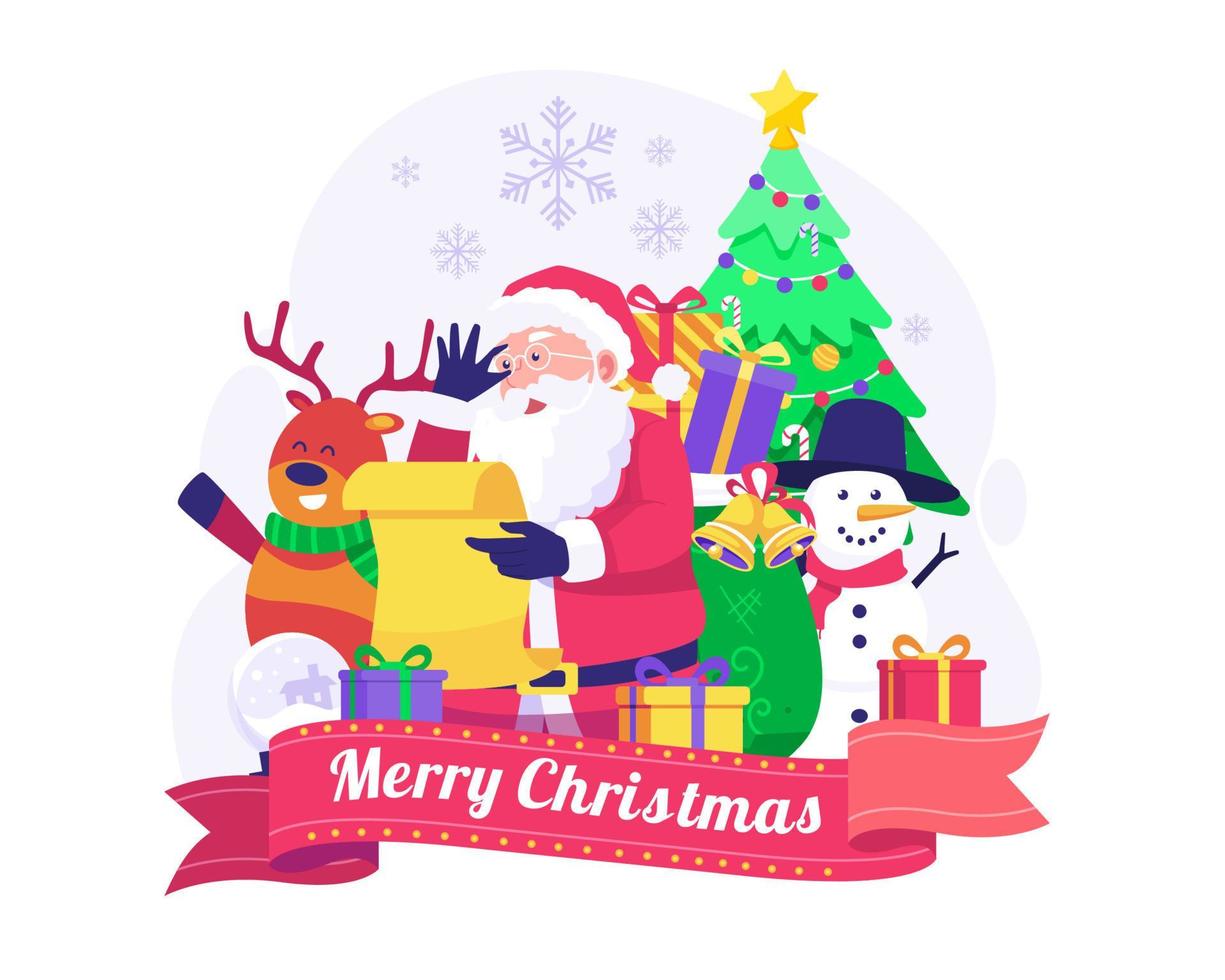 de kerstman claus is lezing een wens lijst papier met rendier, sneeuwman en een Kerstmis boom, en geschenk dozen. vrolijk Kerstmis en gelukkig nieuw jaar concept. vector illustratie in vlak stijl