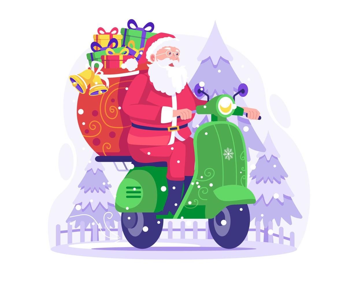 gelukkig de kerstman claus met een zak vol van geschenk dozen rijden een scooter naar leveren cadeaus Aan Kerstmis dag. vector illustratie in vlak stijl