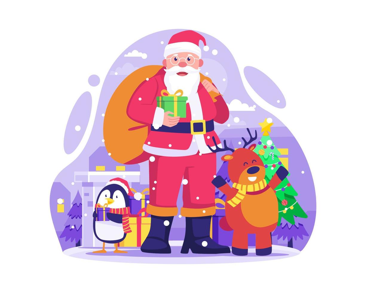 gelukkig de kerstman claus staand Holding een geschenk zak Aan de terug klaar naar leveren presenteert wens samen met schattig rendier en pinguïn karakters. vector illustratie in vlak stijl