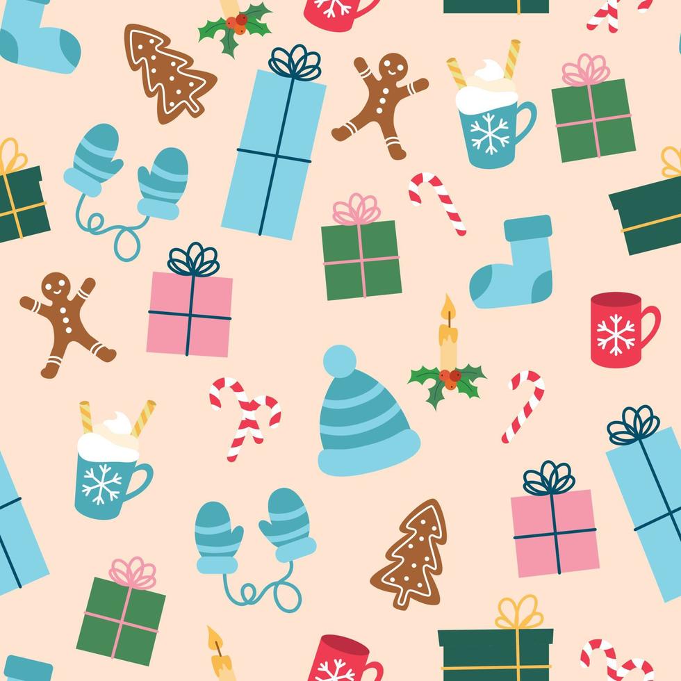 Kerstmis patroon met ontbijtkoek, cadeaus en kleren vector