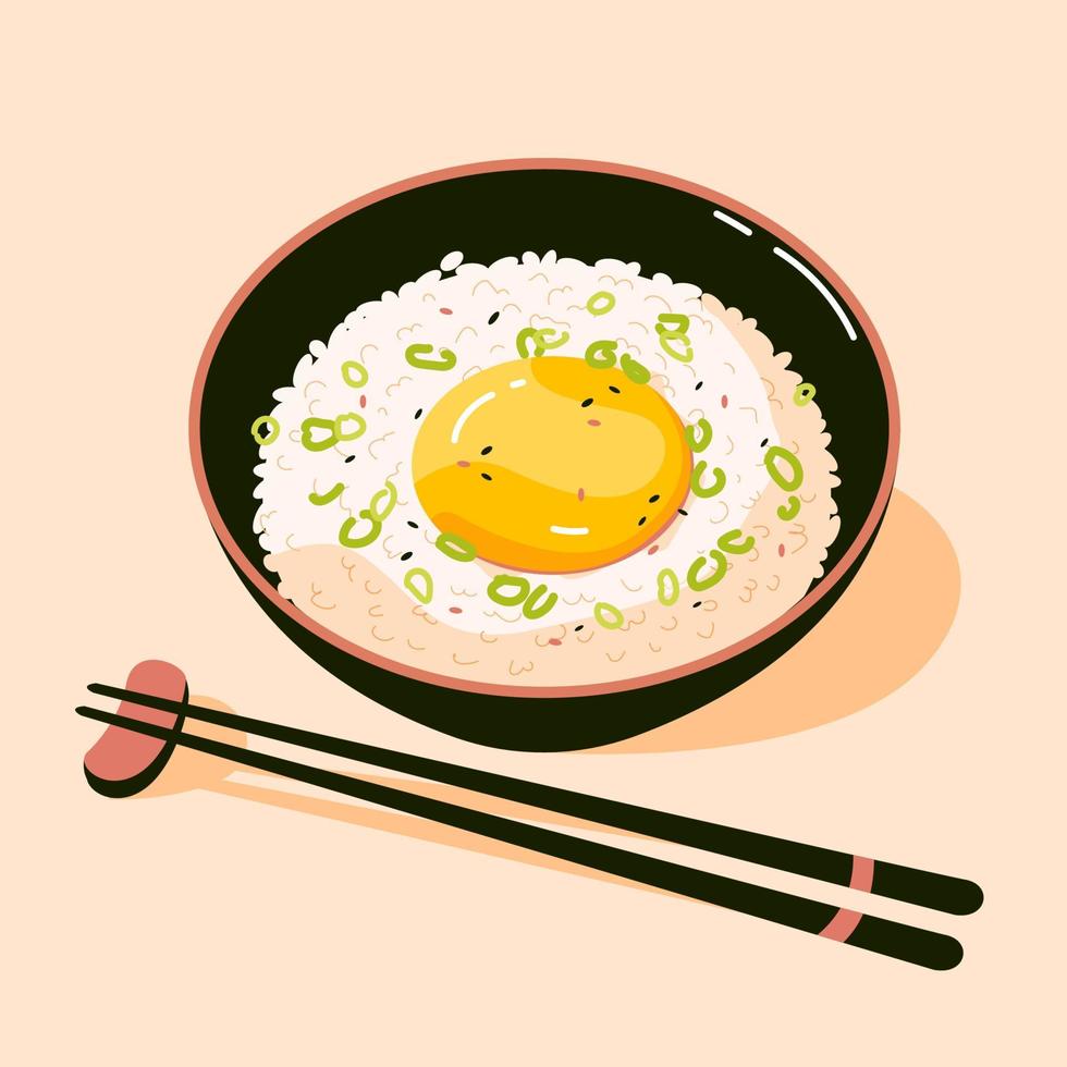 Tamago kake gohan, een traditioneel schotel van Japans keuken. Japans ontbijt rijst- met ei. vector illustratie