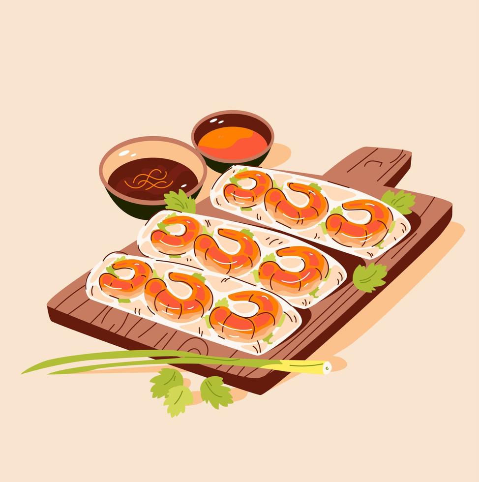 goi cuon, een schotel van Vietnamees keuken met garnaal in rijst- papier. vector illustratie