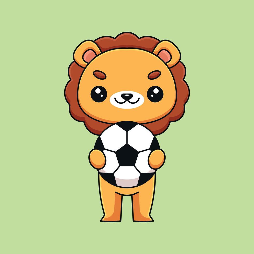 schattig leeuw Holding voetbal bal tekenfilm mascotte tekening kunst hand- getrokken concept vector kawaii icoon illustratie