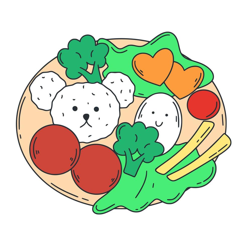 bento met rijst, vlees, ei, salade en groenten gekleurde tekening vector