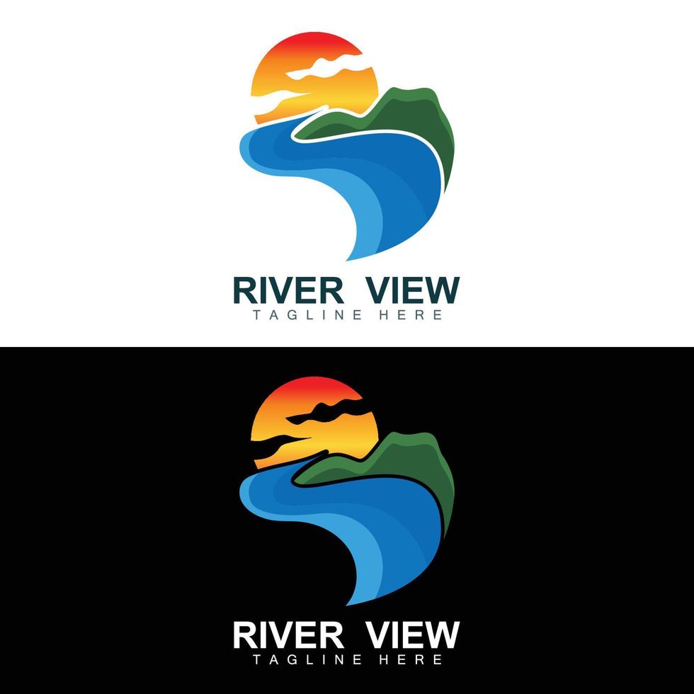 rivier- logo ontwerp, rivier- kreek vector, rivieroever illustratie met een combinatie van bergen en natuur, Product merk vector