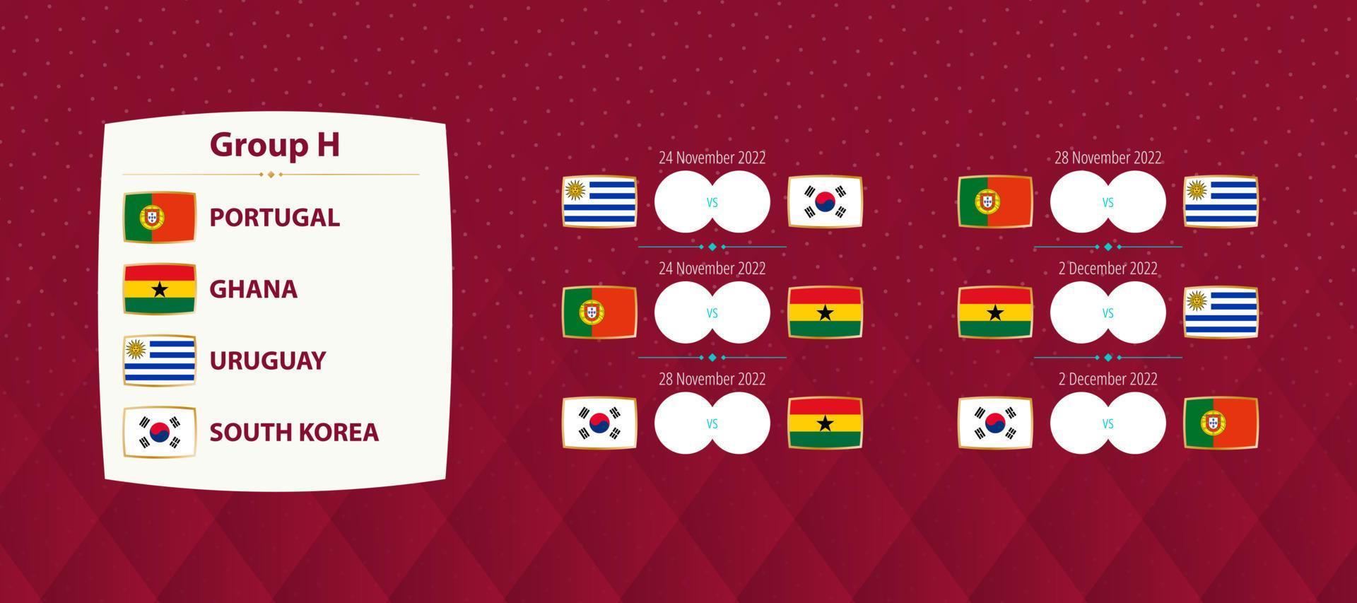 Amerikaans voetbal Internationale toernooi groep h wedstrijden, nationaal voetbal team schema wedstrijden voor 2022 wedstrijd. vector