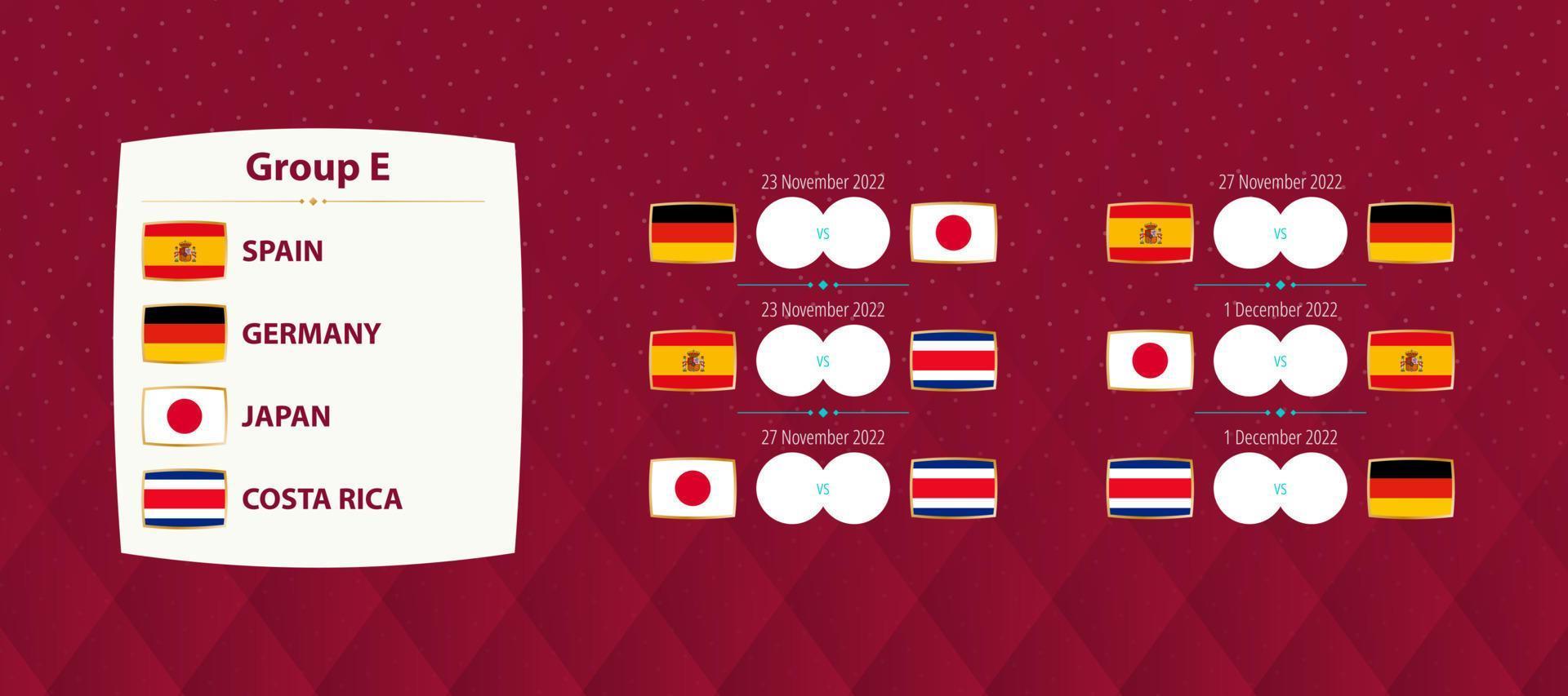 Amerikaans voetbal Internationale toernooi groep e wedstrijden, nationaal voetbal team schema wedstrijden voor 2022 wedstrijd. vector