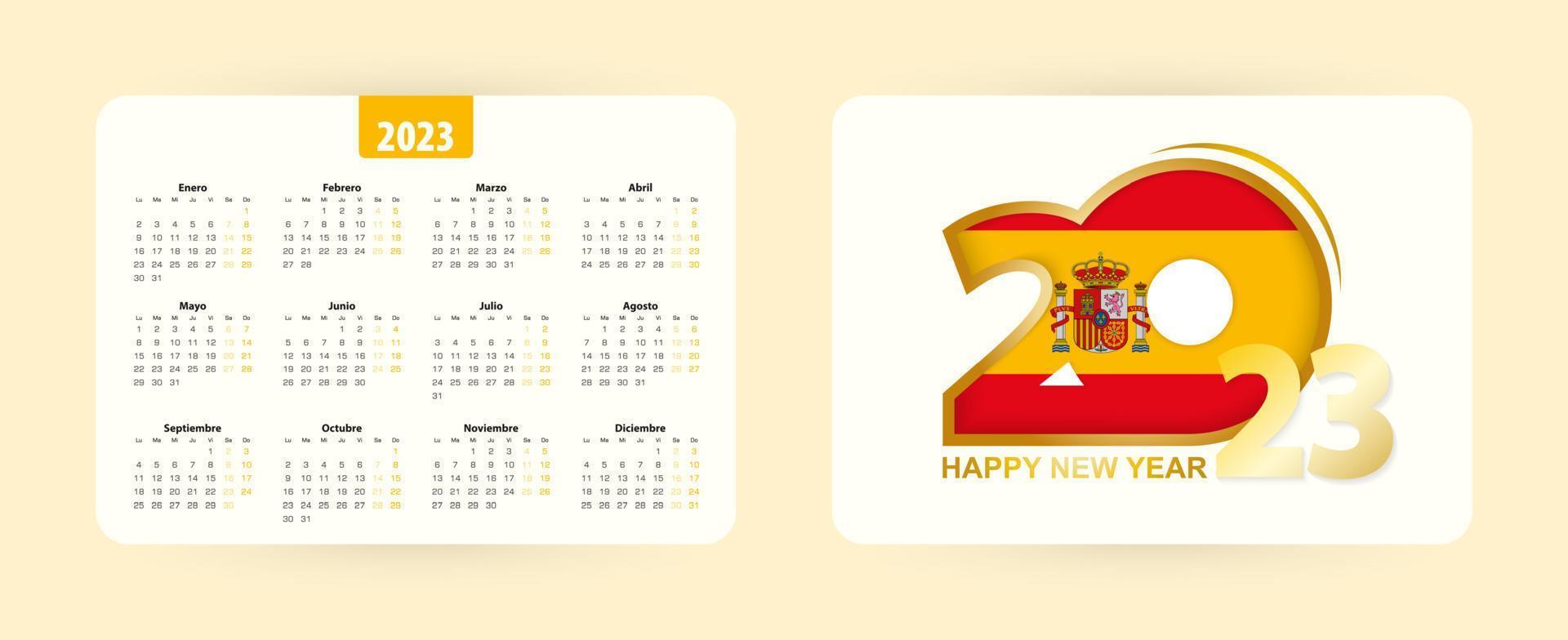 Spaans zak- kalender 2023. gelukkig nieuw 2023 jaar icoon met vlag van Spanje. vector