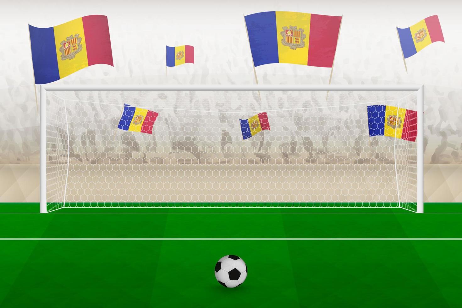 Andorra Amerikaans voetbal team fans met vlaggen van Andorra juichen Aan stadion, straf trap concept in een voetbal wedstrijd. vector