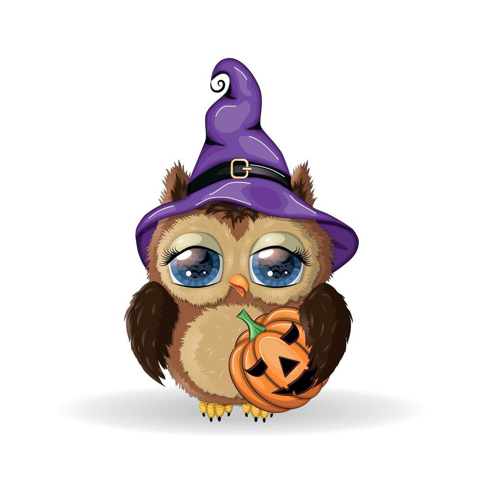 schattig uil in Purper heks hoed. gelukkig halloween poster, groet kaart, ansichtkaart. vector