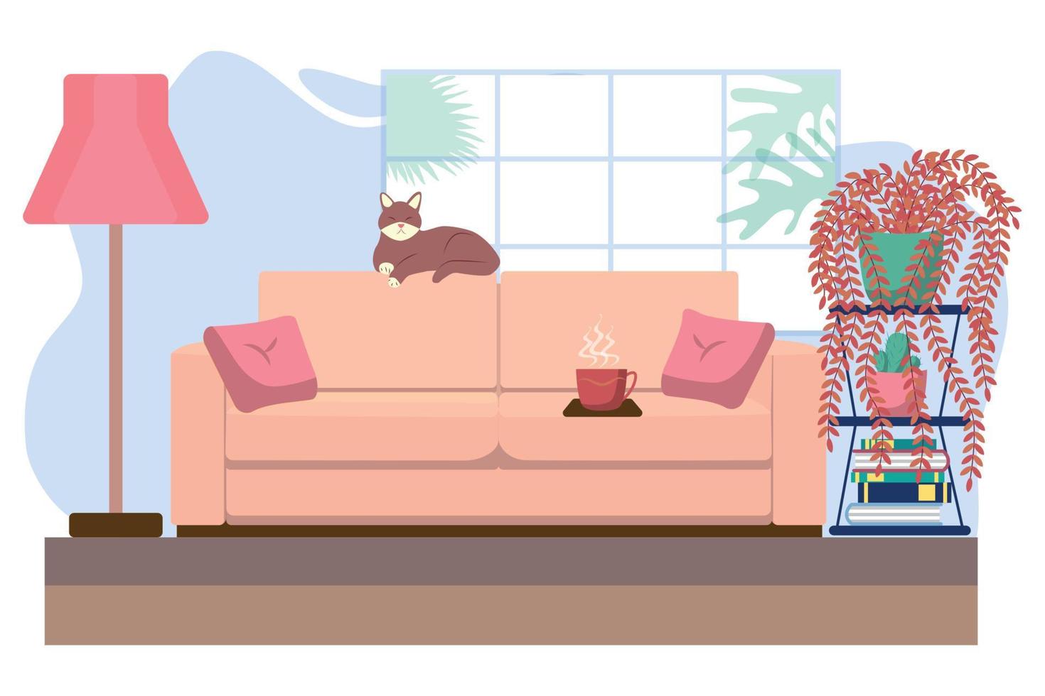 leven kamer met meubilair. knus interieur met sofa en TV. vlak stijl illustratie. vector