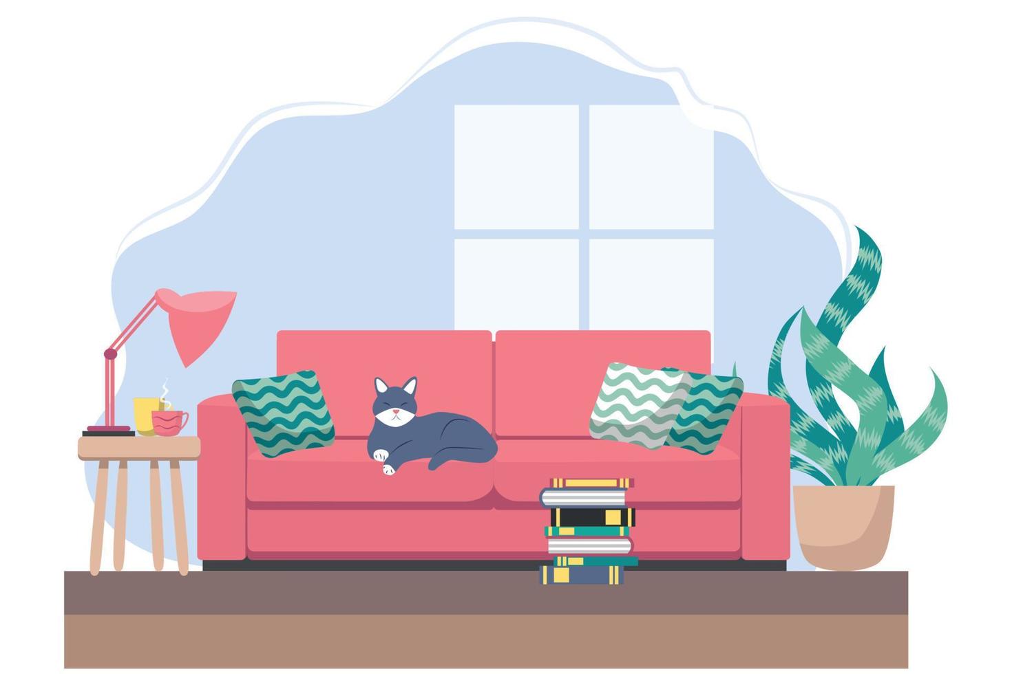 leven kamer met meubilair. knus interieur met sofa en TV. vlak stijl illustratie. vector