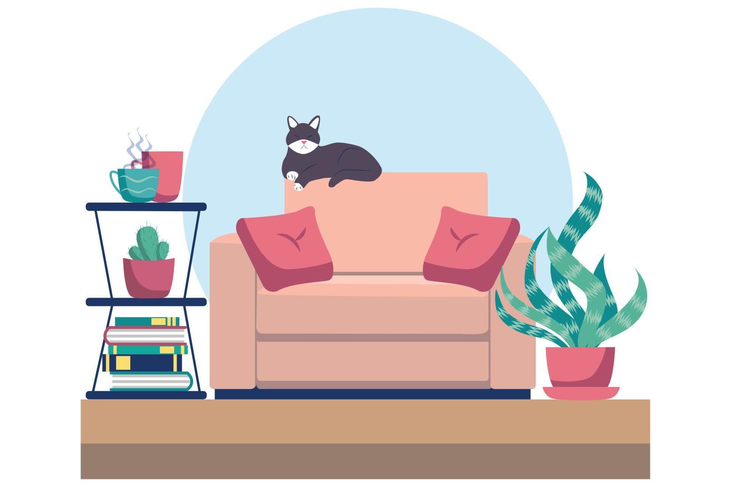 leven kamer met meubilair. knus interieur met sofa en TV. vlak stijl illustratie. vector