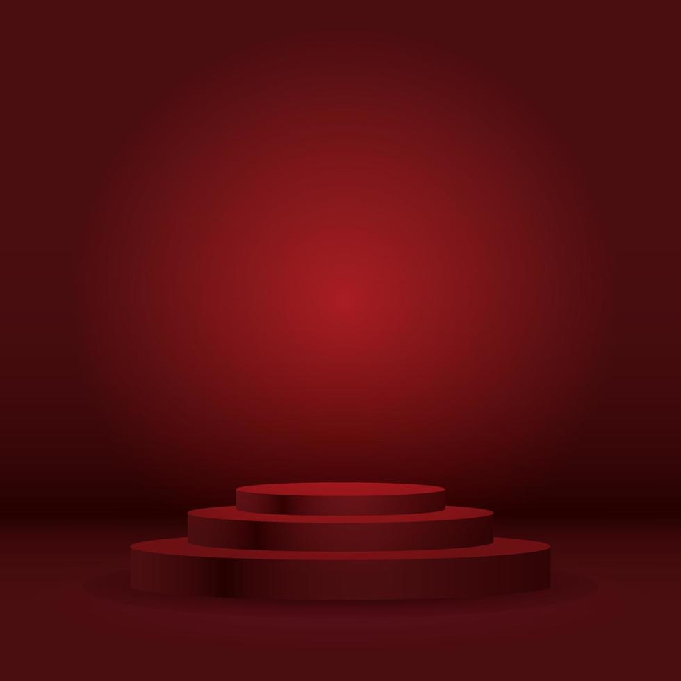 3d renderen van 3 stappen platform voor Product Scherm, tentoonstelling staan Aan rood achtergrond. podium stadium van drie stappen. vector illustratie