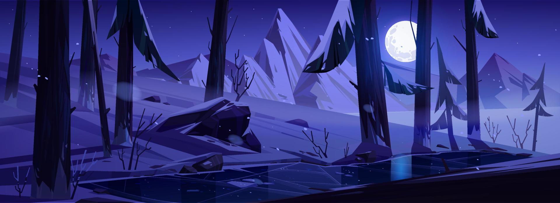 winter nacht landschap met bergen en Woud vector