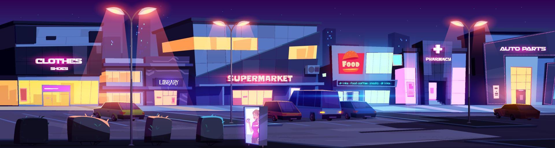 stad straat met winkels en parkeren Bij nacht vector