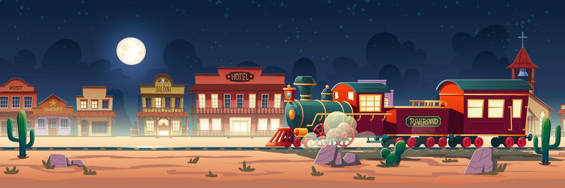 wild west stoom- trein Bij nacht western stad- vector